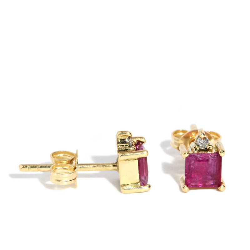 Valdis Square Ruby & Diamond Studs 18 Carat Yellow Gold