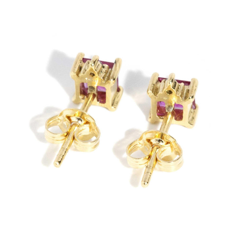 Valdis Square Ruby & Diamond Studs 18 Carat Yellow Gold