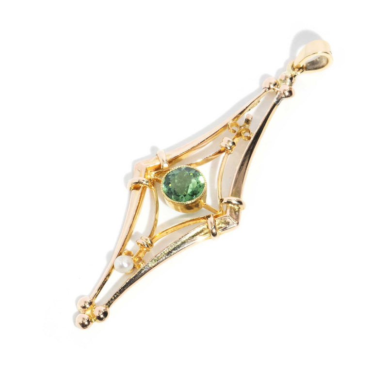 Veronica 1930s Tourmaline & Pearl Pendant 15ct Gold