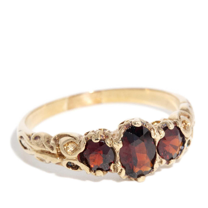 Scottie 1970s Garnet Three Stone Ring 9ct Rose Gold