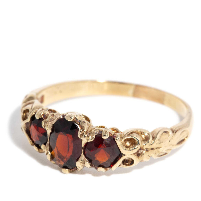 Scottie 1970s Garnet Three Stone Ring 9ct Rose Gold