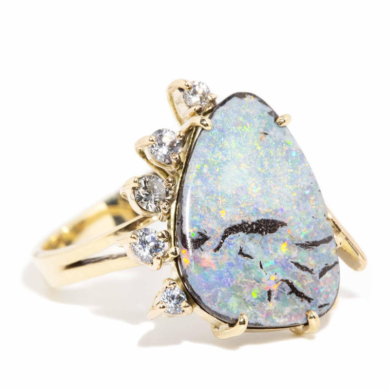 Serene 1980s Boulder Opal & Diamond Ring 9ct Gold