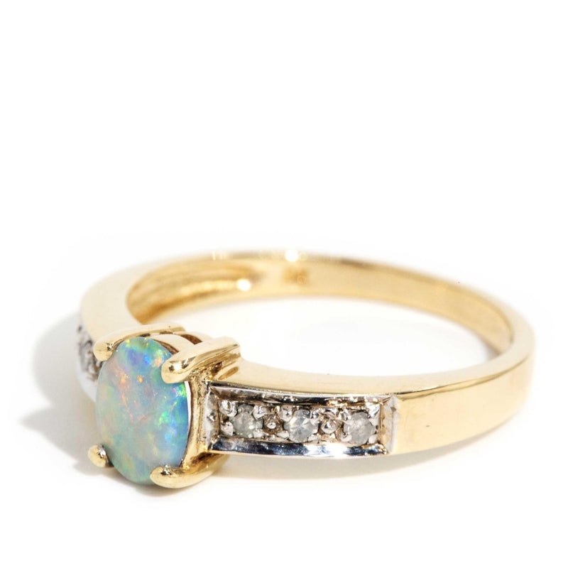 Amina 1980s Solid Opal Diamond Ring 9ct Gold