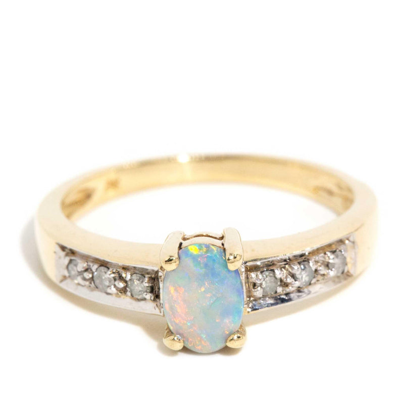 Amina 1980s Solid Opal Diamond Ring 9ct Gold