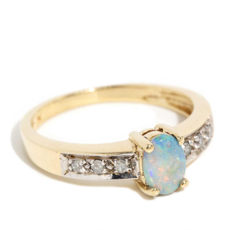 Amina 1980s Solid Opal Diamond Ring 9ct Gold