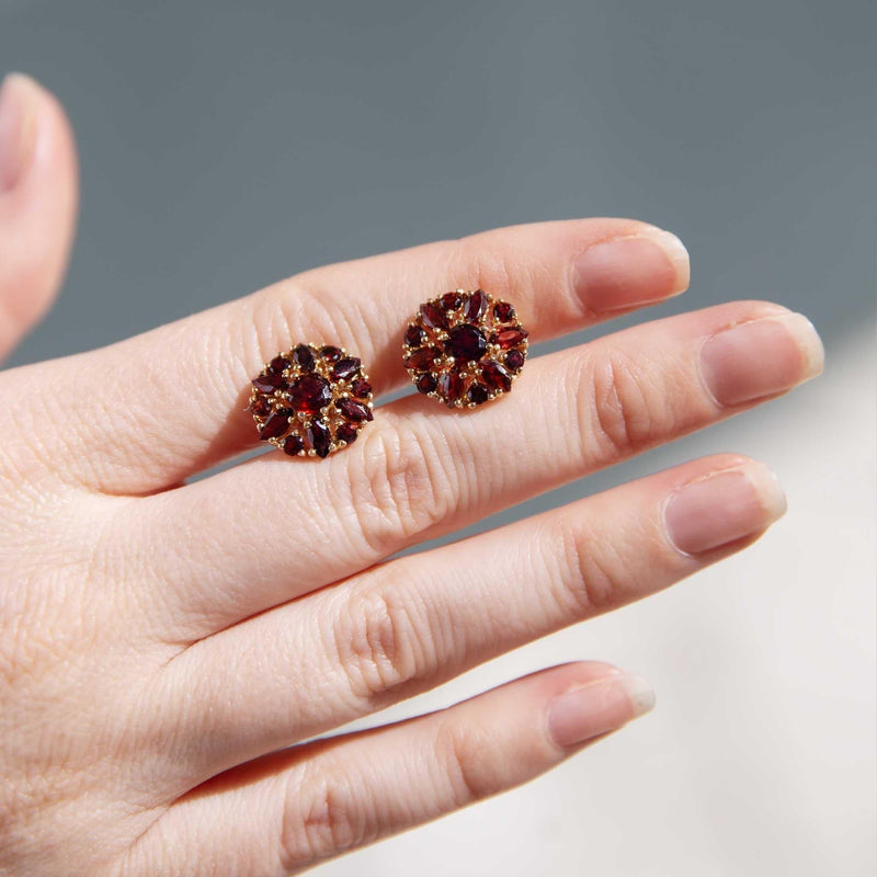 May 1990s Garnet Cluster Stud Earrings 9ct Gold