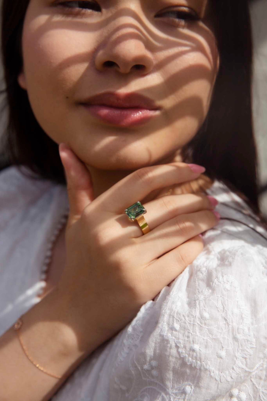 Adrianna Circa 1970s Emerald Cut Green Sapphire Solitaire Ring Rings Imperial Jewellery 