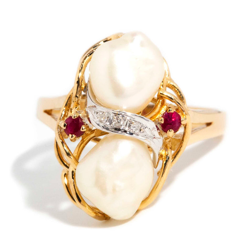 Vintage Pearl Engagement Ring. Diamond Halo. 10K Yellow Gold. June Bir