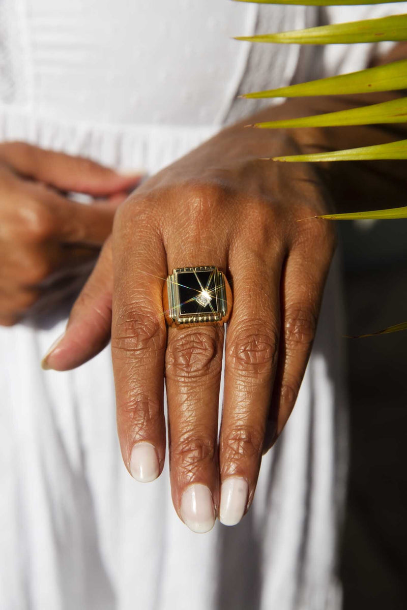 ERI DONE Gerald 1970s Rectangular Onyx & Diamond Signet Ring 14ct Yellow Gold Imperial Jewellery 