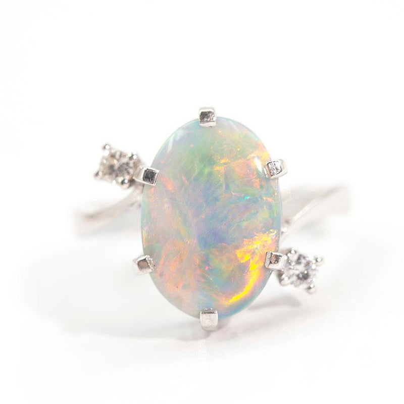 C. 1980 Vintage Opal Ring with .48 ct. t.w. Diamonds in Platinum. Size 6.5  | Ross-Simons
